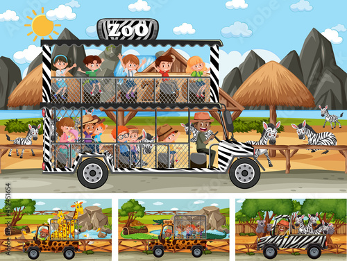 Different safari scenes with animals and kids cartoon character