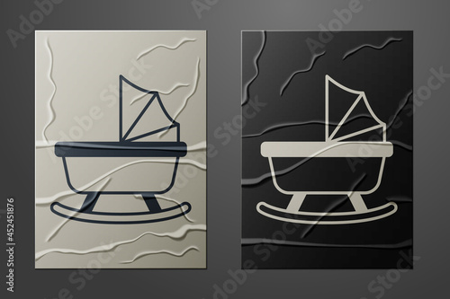 White Baby stroller icon isolated on crumpled paper background. Baby carriage, buggy, pram, stroller, wheel. Paper art style. Vector