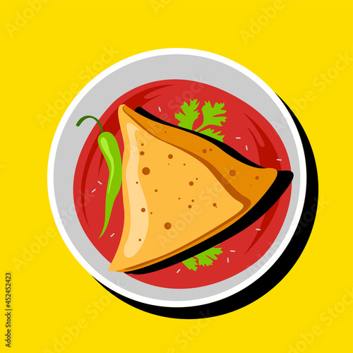 Samosa with sauce. Indian street food. Colourful abstract art background vector.