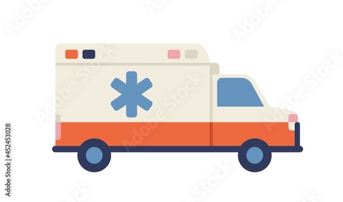 Ambulance car with star of life emblem. Medical emergency vehicle. Side view of paramedic van. Rescue truck of medic service, aid and assistance. Flat vector illustration isolated on white background