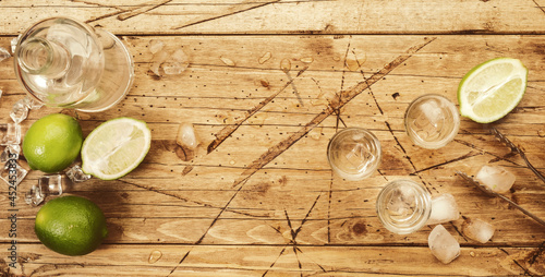 Braziilian vodka cachaca in shot glasses with lime on wooden table, iced strong alcohol drink in misted glass. Top view, negative space