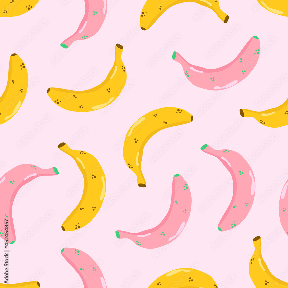 Hand drawn seamless pattern of pink and yellow bananas. Modern flat illustration.