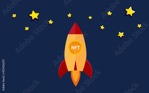 Nft coins Rocket ship flying with success. Developement concept. Nonfungible unique cryptocurrency.