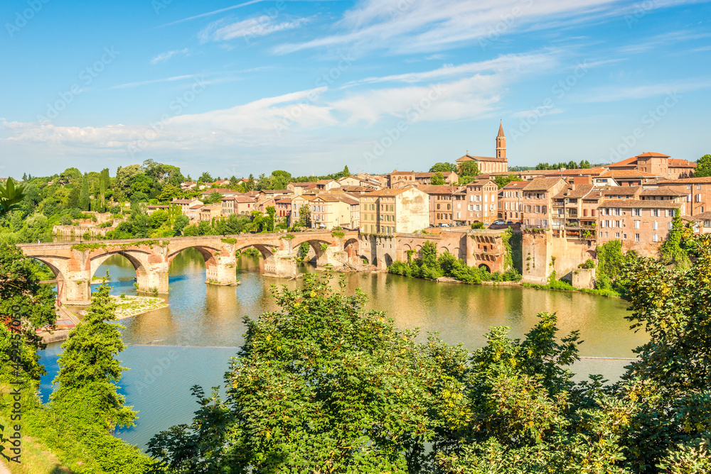 View at the Albi town with Old bridge over Tarn river - France