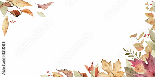Watercolor vector banner with fall leaves and branches isolated on a white background.