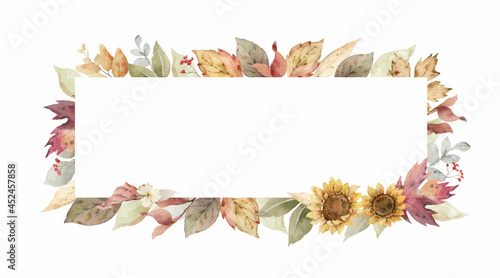 Thanksgiving vector frame colorful pumpkins with autumn leaves and flowers.