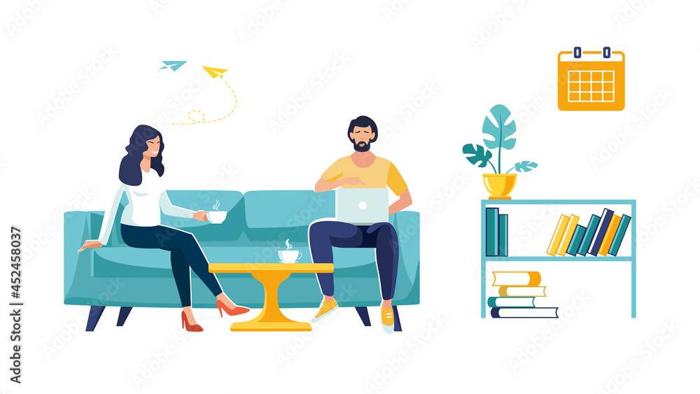 Leisure concept, young people drinking coffee at work. Work in a notebook, education. Students, a girl and a boy who read, study in different places. Cartoon outline flat style. Vector illustration
Leisure concept, young people drinking coffee at work. Work in a notebook, education. Students, a girl and a boy who read, study in different places. Cartoon outline flat style. Vector illustration