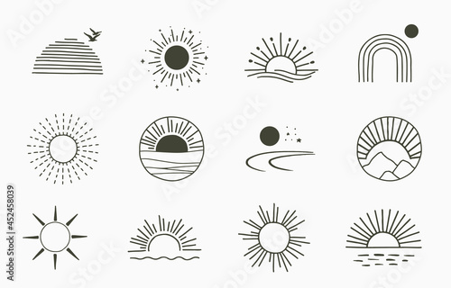 Collection of line design with sun.Editable vector illustration for website, sticker, tattoo,icon