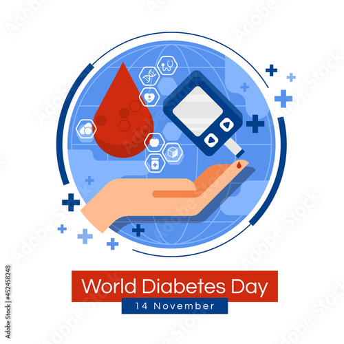 world diabetes day banner - drop blood with icon of Medical devices and drugs related to diabetes around, hand blood test sugar on circle world background vector design