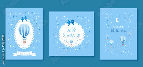 Set of baby shower vector invitation cards. Templates for it's a boy, baby shower and welcome little one. 