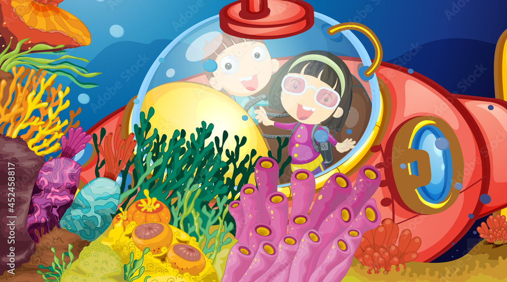 Naklejka premium Underwater scene with happy kids in submarine exploring undersea