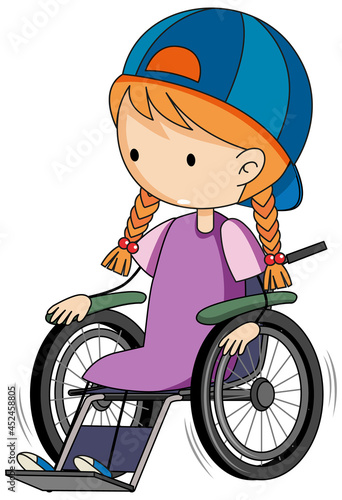 Doodle cartoon character of a girl sitting on a wheelchair