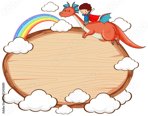 Empty wooden banner with fairy tale cartoon character and elements isolated
