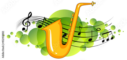 Saxophone musical instrument with melody symbols on green splotch