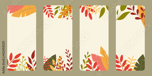 Autumn banner with colorful leaves set for social media stories or post. Fall background with foliage. Vector ilustration.