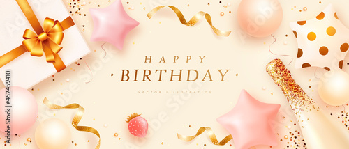 Happy birthday horizontal banner with realistic bottle of champagne, helium balloons, strawberry and gift box. 3d realistic style. Vector illustration