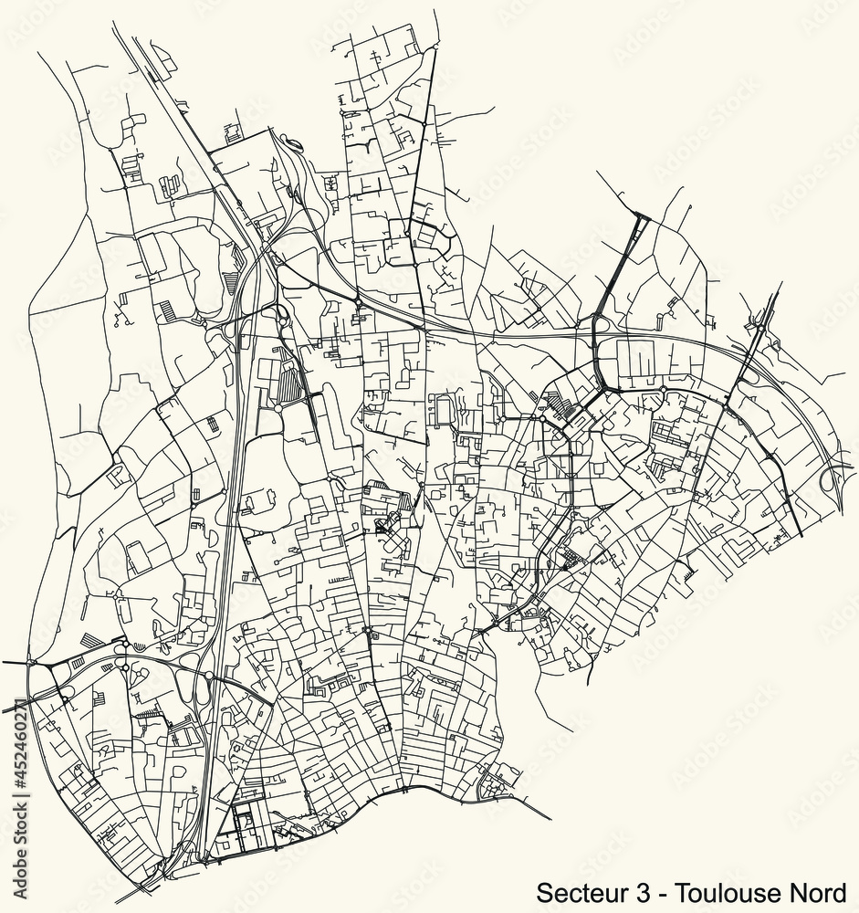 Black simple detailed street roads map on vintage beige background of the quarter Sector 3 - Toulouse Nord (North) district of Toulouse, France