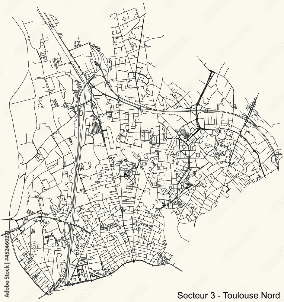 Fototapeta premium Black simple detailed street roads map on vintage beige background of the quarter Sector 3 - Toulouse Nord (North) district of Toulouse, France