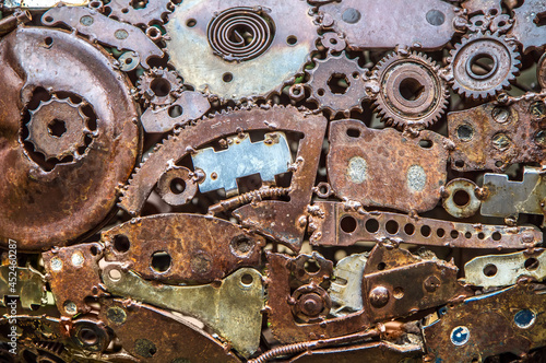Abstract texture of various metal objects. Gear bearings and other parts.