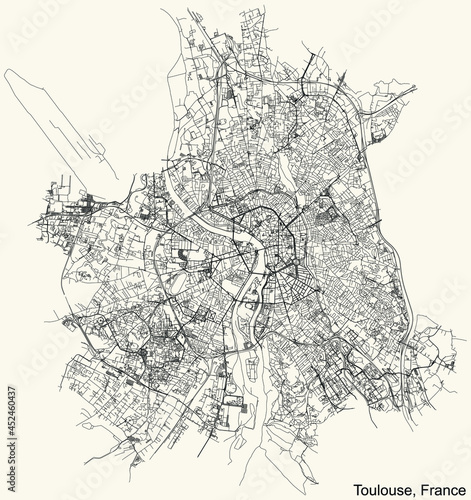 Black simple detailed street roads map on vintage beige background of Toulouse, France