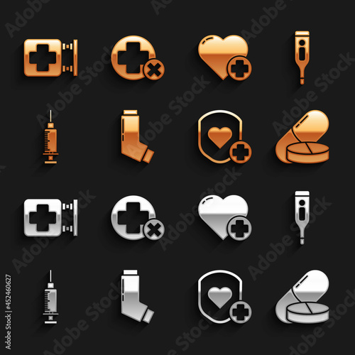 Set Inhaler, Medical digital thermometer, Medicine pill or tablet, Shield and heart rate, Syringe, Heart with cross, Hospital signboard and Cross hospital medical icon. Vector