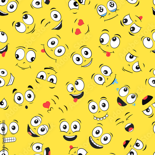 Cartoon faces seamless pattern. Laughing and smiling expressions. Vector illustration.
