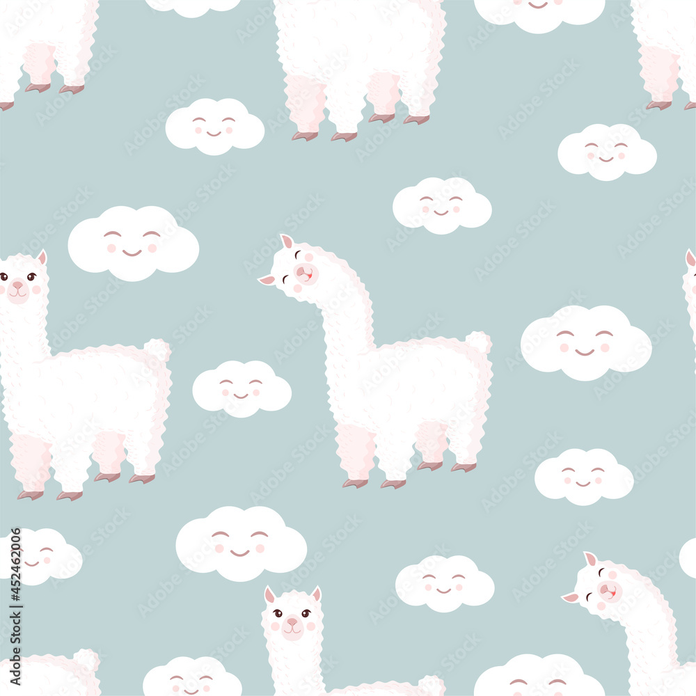 Fototapeta premium Seamless pattern with funny llama and clouds on a gray background. Vector illustration suitable for baby texture, textile, fabric, poster, greeting card, decor. Cute alpaca from Peru.