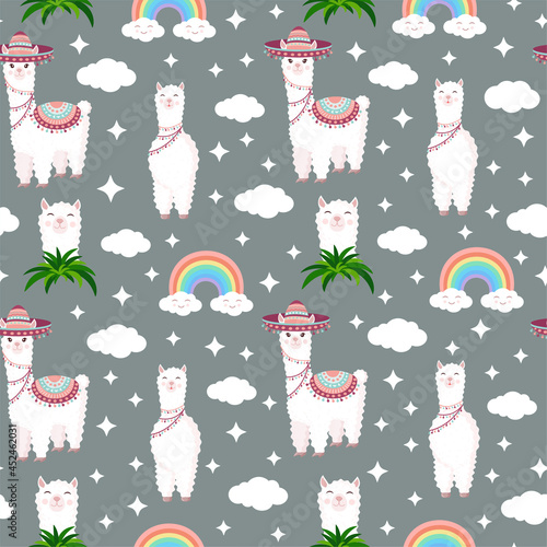 Seamless pattern with funny llamas in sombrero, clouds, stars and rainbows on a gray background. Vector illustration for baby texture, textile, fabric, poster, postcard, decor. Alpaca from Peru.