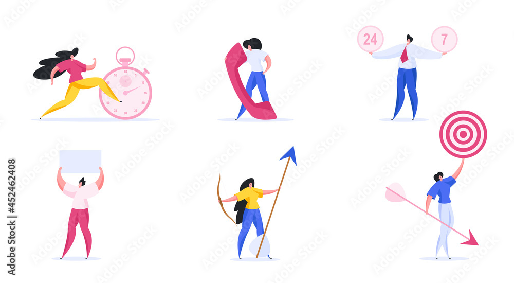 Set of vector illustrations with contemporary men and women doing various everyday hobby and job activities with professional tools in modern world