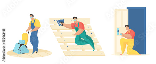 Renovation carpentry work. Men in uniform cleaning parquet with floor polisher and installing lock on door. Assembling wood flooring. Professional carpenter services. Vector flat illustration © Дмитрий Муску
