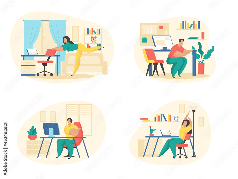 Fitness workout in office and home. Male and female characters doing exercises near workplace. Stretching stiff muscles while warming up joints. Productive work. Vector illustration isolated set Fitness workout in office and home. Male and female characters doing exercises near workplace. Stretching stiff muscles while warming up joints. Productive work. Vector illustration isolated set