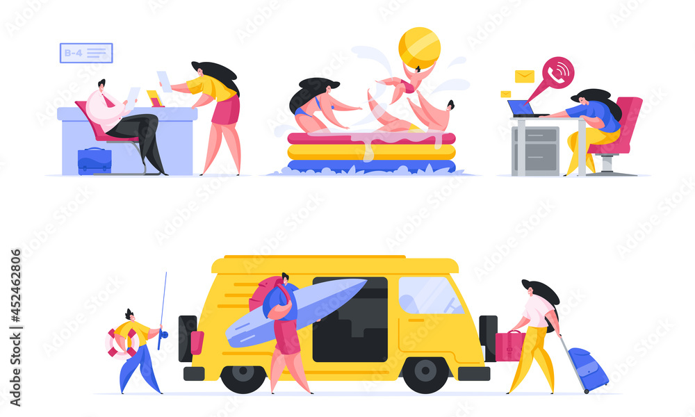 People going on vacation flat vector illustration. Male and female characters look plane tickets. Guy and girl splashing in pool. Married couple with child load items for active recreation into car.