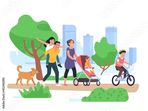 Happy family walking. Couple with children stroll park, son on bicycle, toddler in stroller, fun daughter on father back vector concept