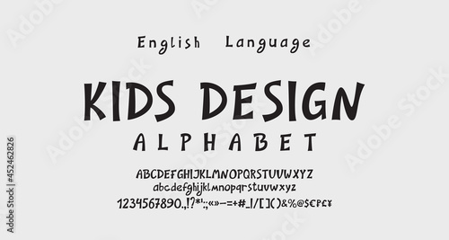 Cartoon kids creative alphabet. Funny hand drawn vector font, uppercase and lowercase letters, numbers, punctuation marks, symbols