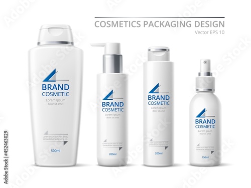 Realistic brand cosmetic bottles. White design products pack, 3d containers mockup, skin care means with different dispensers. Vector set