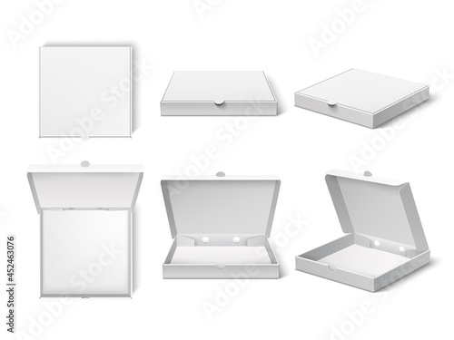 Realistic pizza box. Blank packaging mockup, different camera angle, open and closet variants, fast food delivery cardboard pack. Vector set