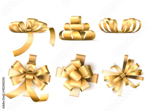 Gift bows ribbons. Realistic satin golden decorative tapes, different silk packaging bands, top and side view, festive elements. Vector set