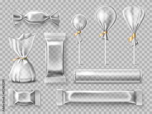 Transparent candy package. Realistic plastic different sweets wrappers mockup, blank isolated elements, bonbon, lollipop variety. Vector set
