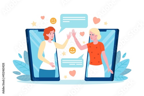 Phone greeting. Women remote greet each other through mobile gadgets, friends chat dialogue, people online communication app. Vector concept