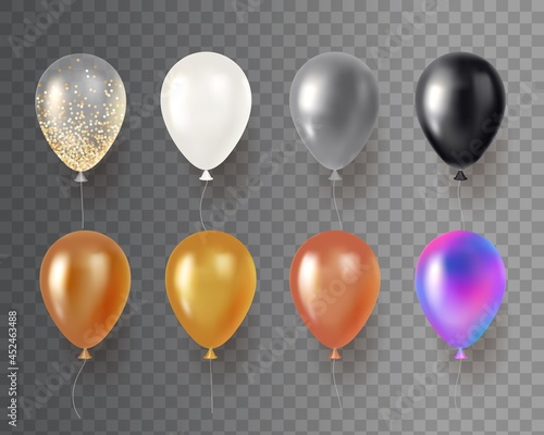 Realistic metallic balloons. 3d holiday event party decor, flying round air shapes, silver, gold, holographic and bronze colors. Vector set