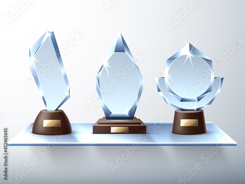 Glass trophies. Modern design crystal awards, glass wall shelf, realistic diamonds figurines, victory prize symbols. Vector concept