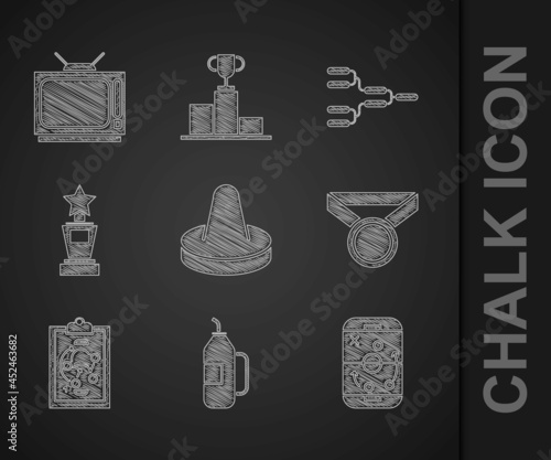 Set Mallet for playing air hockey, Fitness shaker, Planning strategy, Medal, Award cup, Championship tournament bracket and Retro tv icon. Vector