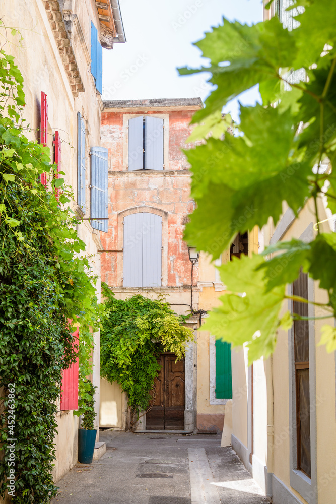 Vertical view of a beautiful street with green leaves in Arles, Provence, France. Blur foreground.