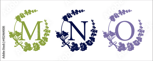 M N O letter. Set modern hand-drawn silhouette sketch illustrations. Lavender flower wreath with alphabet monogram. good idea for wedding decor. Vintage vector typographic emblem, logo, label design.