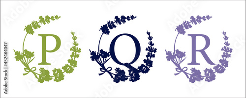P Q R letter. Set modern hand-drawn silhouette sketch illustrations. Lavender flower wreath with alphabet monogram. good idea for wedding decor. Vintage vector typographic emblem, logo, label design.