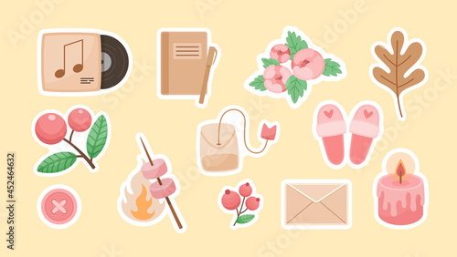 Rest on weekend stickers. Listening your favorite music with entries in diary. Traveling in nature with bonfire and admiring blossoming flowers. Romantic candlelight dinner. Vector cartoon label