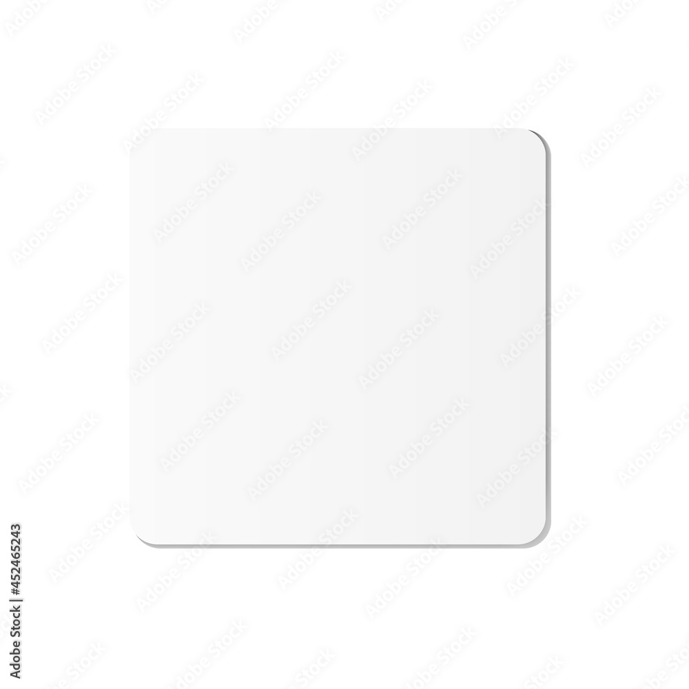 Square beer coaster. Empty white mockup. Pprotection coaster for beer glasses, tea cups isolated on white background. Branding template vector illustration. Square beer coaster. Empty white mockup. Pprotection coaster for beer glasses, tea cups isolated on white background. Branding template vector illustration.
