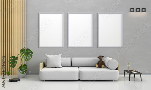 White living room and sofa with frames mockup, 3D rendering