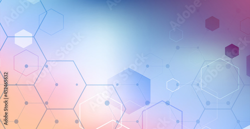 Abstract background with molecular mesh. Gradient wireframe design with hexagon shapes. Low poly banner in the shape of a hexagon.
