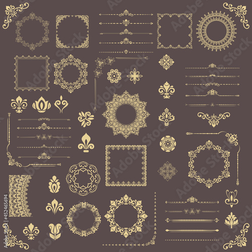 Vintage set of golden vector horizontal, square and round elements. Golden elements for backgrounds, frames and monograms. Classic patterns. Set of vintage patterns